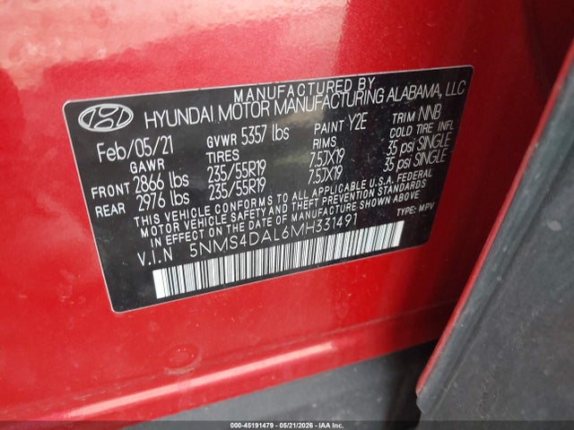 Aukcja sprzedaży 2021 Hyundai Santa Fe Limited, vin: 5NMS4DAL6MH331491, numer aukcji: 45191479