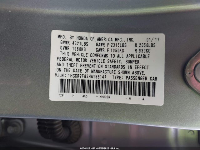 Aukcja sprzedaży 2017 Honda Accord Ex-l, vin: 1HGCR2F83HA156147, numer aukcji: 45191482