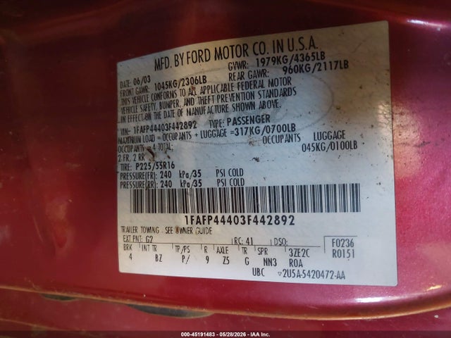 Продаж на аукціоні авто 2003 Ford Mustang, vin: 1FAFP44403F442892, номер лоту: 45191483
