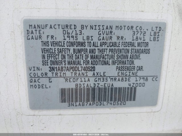 Aukcja sprzedaży 2013 Nissan Sentra Sv, vin: 3N1AB7AP0DL740520, numer aukcji: 45191484