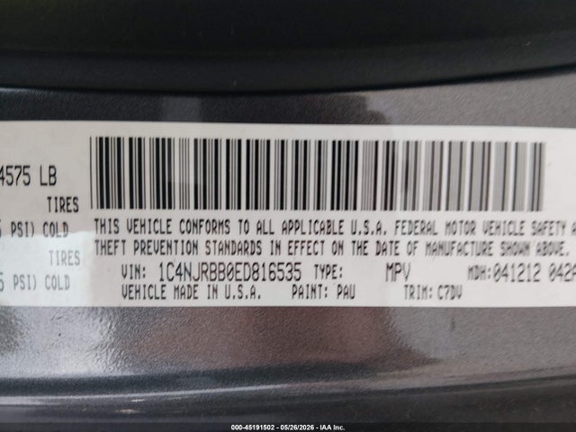 2014 Jeep Patriot Sport მანქანა იყიდება აუქციონზე, vin: 1C4NJRBB0ED816535, აუქციონის ნომერი: 45191502