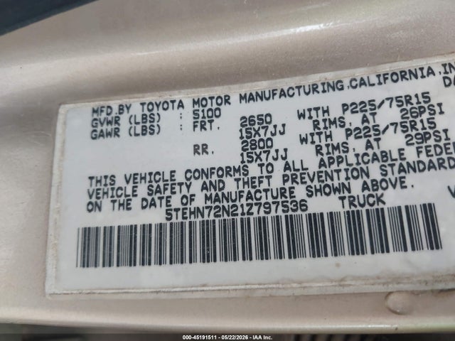 45191511 :رقم المزاد ، 5TEHN72N21Z797536 vin ، 2001 Toyota Tacoma Base V6 مزاد بيع
