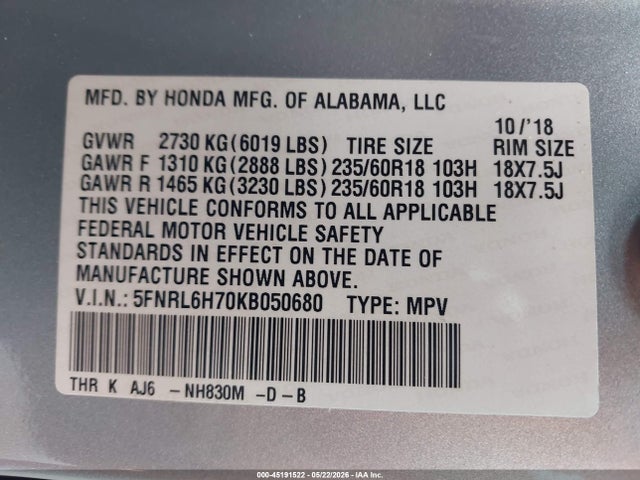 Продажа на аукционе авто 2019 Honda Odyssey Ex-l, vin: 5FNRL6H70KB050680, номер лота: 45191522