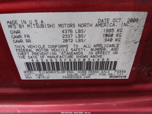 Продаж на аукціоні авто 2009 Mitsubishi Galant Es/sport Edition, vin: 4A3AB36F89E034468, номер лоту: 45191528