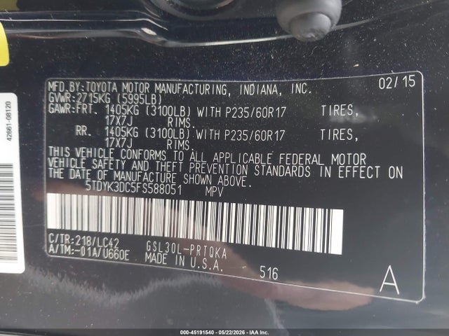 5TDYK3DC5FS588051 Toyota Sienna Xle 8 Passenger