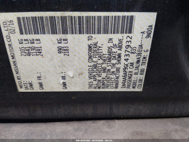 Aukcja sprzedaży 2016 Nissan Maxima 3.5 Platinum, vin: 1N4AA6AP9GC437932, numer aukcji: 45191550