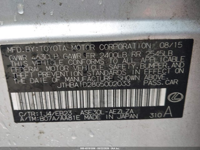 2016 Lexus Is 200t მანქანა იყიდება აუქციონზე, vin: JTHBA1D28G5002033, აუქციონის ნომერი: 45191556