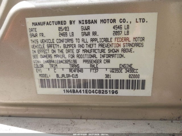 Продаж на аукціоні авто 2004 Nissan Maxima 3.5 Sl, vin: 1N4BA41E04C825196, номер лоту: 45191559