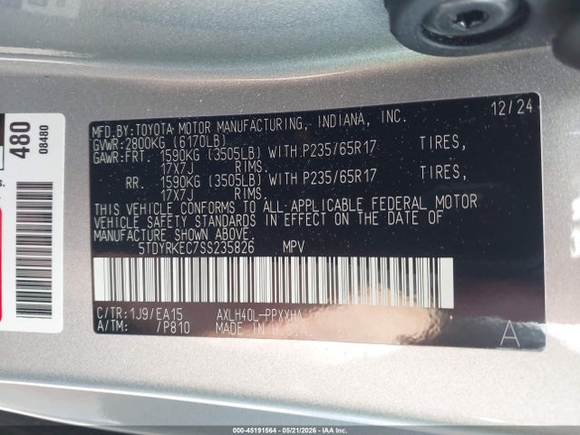 45191564 :رقم المزاد ، 5TDYRKEC7SS235826 vin ، 2025 Toyota Sienna Xle مزاد بيع