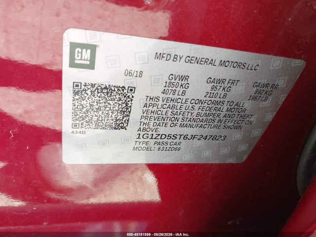 Продажа на аукционе авто 2018 Chevrolet Malibu Lt, vin: 1G1ZD5ST6JF247823, номер лота: 45191599