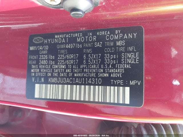 Продажа на аукционе авто 2010 Hyundai Tucson Gls, vin: KM8JU3AC1AU114310, номер лота: 45191603