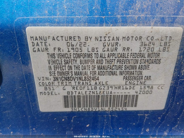 45191610 :رقم المزاد ، 3N1CN8DV1NL852454 vin ، 2022 Nissan Versa 1.6 S Xtronic Cvt مزاد بيع