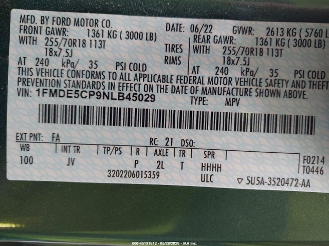 2022 Ford Bronco Outer Banks მანქანა იყიდება აუქციონზე, vin: 1FMDE5CP9NLB45029, აუქციონის ნომერი: 45191612
