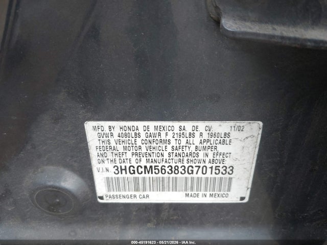 45191623 :رقم المزاد ، 3HGCM56383G701533 vin ، 2003 Honda Accord 2.4 Lx مزاد بيع