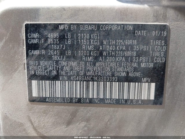 45191627 :رقم المزاد ، 4S4BSANC1K3303393 vin ، 2019 Subaru Outback 2.5i Limited مزاد بيع