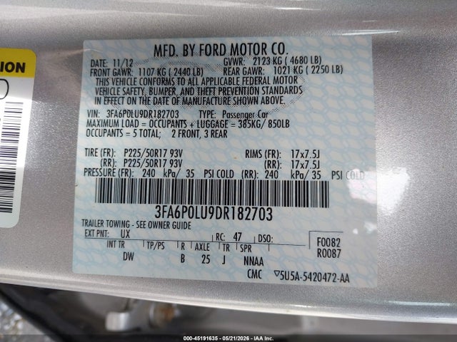 Aukcja sprzedaży 2013 Ford Fusion Hybrid Se, vin: 3FA6P0LU9DR182703, numer aukcji: 45191635