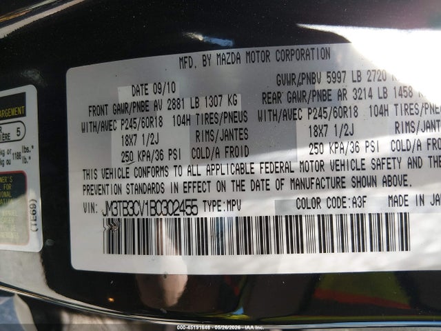 Aukcja sprzedaży 2011 Mazda Cx-9 Touring, vin: JM3TB3CV1B0302455, numer aukcji: 45191646