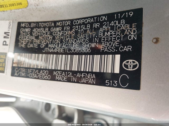 Aukcja sprzedaży 2020 Toyota Corolla Xse, vin: JTNA4RBE1L3085306, numer aukcji: 45191653