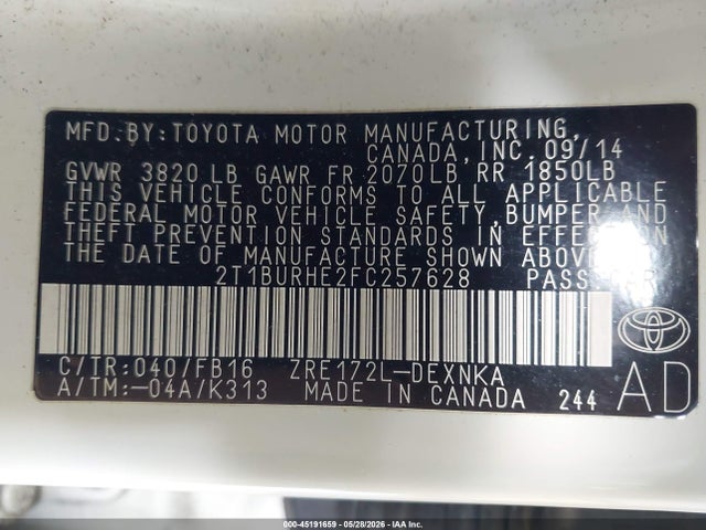 45191659 :رقم المزاد ، 2T1BURHE2FC257628 vin ، 2015 Toyota Corolla Le Plus مزاد بيع