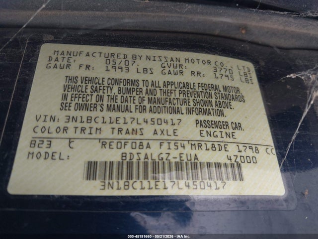 Aukcja sprzedaży 2007 Nissan Versa 1.8sl, vin: 3N1BC11E17L450417, numer aukcji: 45191660