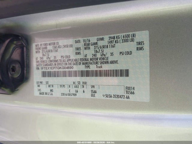 Aukcja sprzedaży 2016 Ford F-150 Xlt, vin: 1FTEX1EP7GKG04690, numer aukcji: 45191669