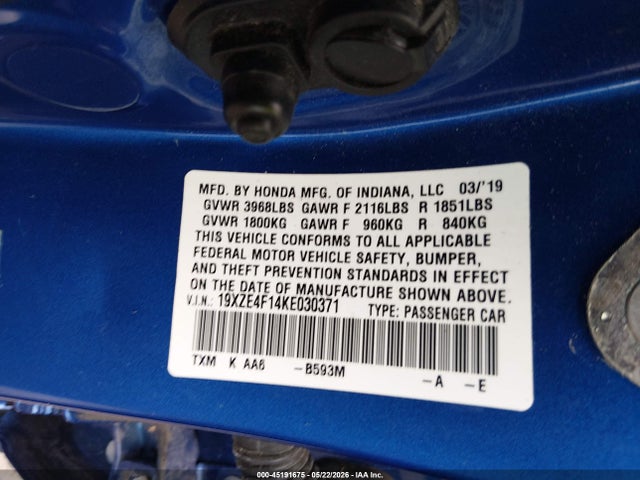 45191675 :رقم المزاد ، 19XZE4F14KE030371 vin ، 2019 Honda Insight Lx مزاد بيع