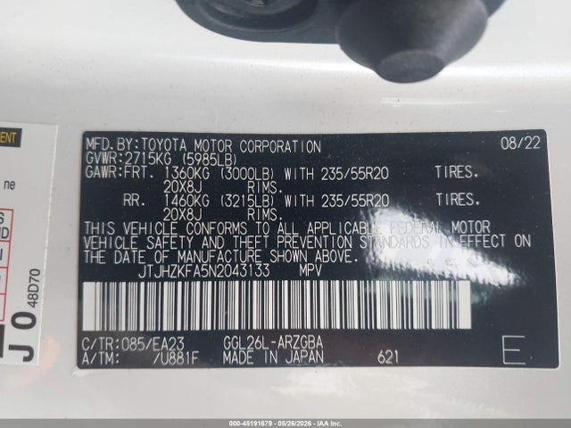 Aukcja sprzedaży 2022 Lexus Rx 350l, vin: JTJHZKFA5N2043133, numer aukcji: 45191679