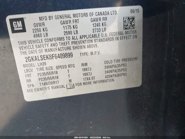Продаж на аукціоні авто 2015 Gmc Terrain Slt-1, vin: 2GKALSEK8F6409899, номер лоту: 45191681