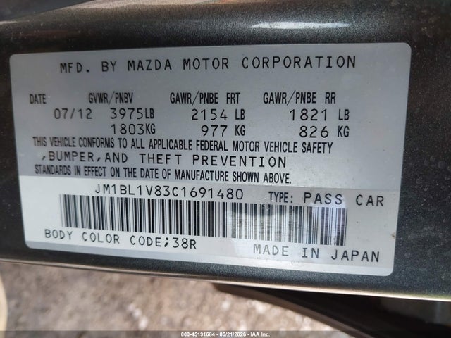45191684 :رقم المزاد ، JM1BL1V83C1691480 vin ، 2012 Mazda Mazda3 I Touring مزاد بيع