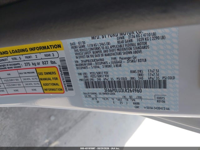Aukcja sprzedaży 2020 Ford Fusion Hybrid Se, vin: 3FA6P0LU3LR264960, numer aukcji: 45191697
