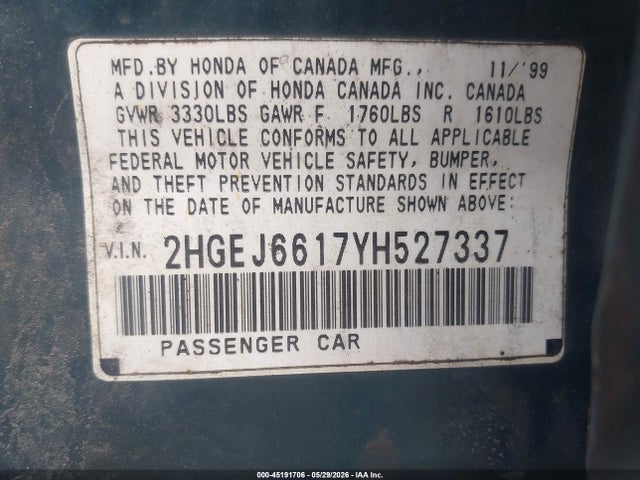 2000 Honda Civic Value Package მანქანა იყიდება აუქციონზე, vin: 2HGEJ6617YH527337, აუქციონის ნომერი: 45191706