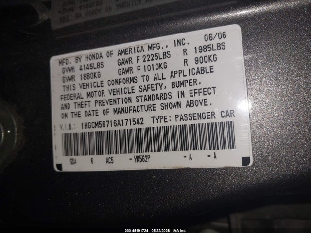 Продажа на аукционе авто 2006 Honda Accord 2.4 Ex, vin: 1HGCM56716A171542, номер лота: 45191724