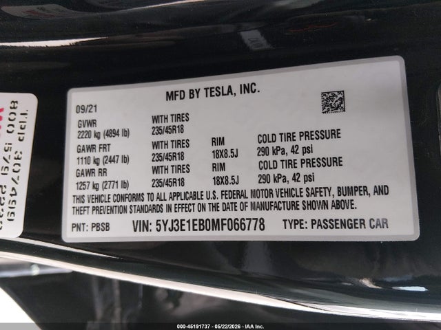 Tesla Model 3 Long Range 2021 5YJ3E1EB0MF066778 Image 9