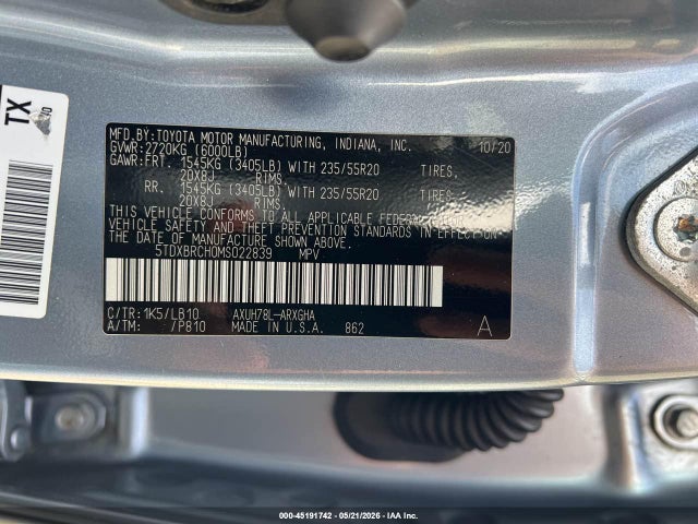 45191742 :رقم المزاد ، 5TDXBRCH0MS022839 vin ، 2021 Toyota Highlander Hybrid Limited مزاد بيع