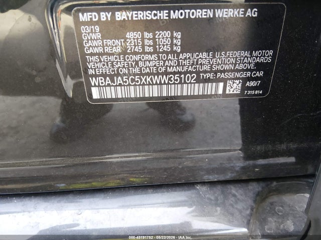 Aukcja sprzedaży 2019 Bmw 530i, vin: WBAJA5C5XKWW35102, numer aukcji: 45191752
