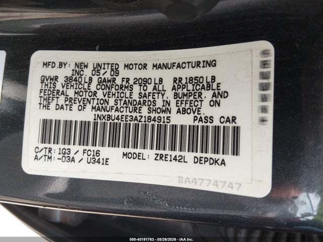 Aukcja sprzedaży 2010 Toyota Corolla Le, vin: 1NXBU4EE3AZ184915, numer aukcji: 45191763