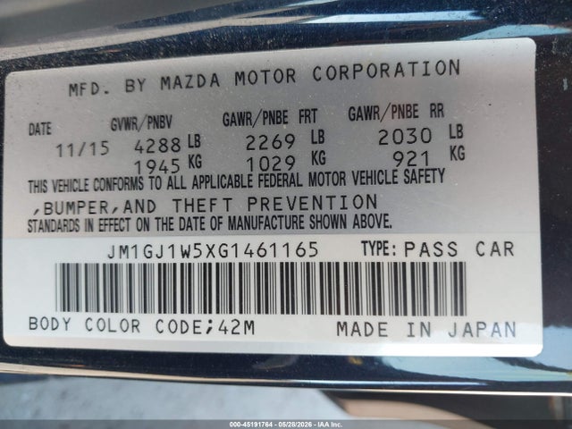 Продажа на аукционе авто 2016 Mazda Mazda6 I Grand Touring, vin: JM1GJ1W5XG1461165, номер лота: 45191764