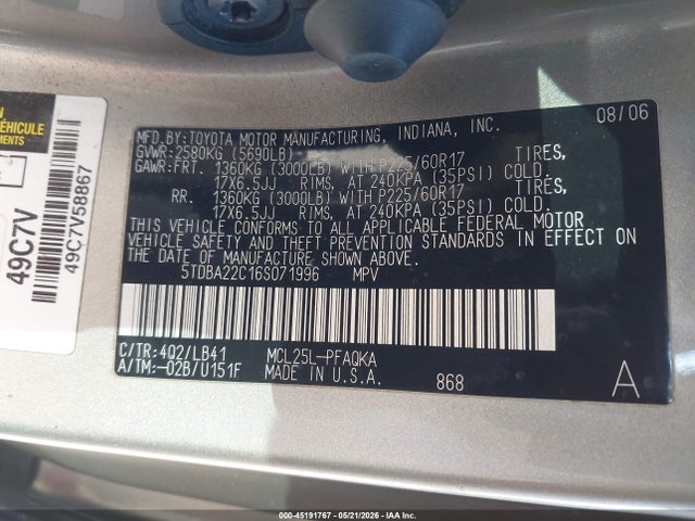 Продажа на аукционе авто 2006 Toyota Sienna Xle, vin: 5TDBA22C16S071996, номер лота: 45191767
