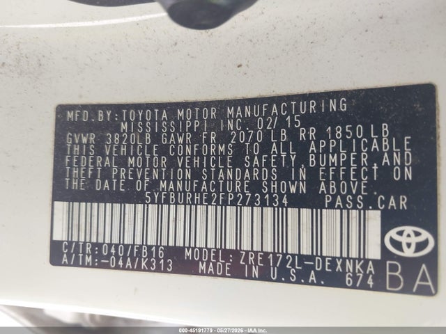 Aukcja sprzedaży 2015 Toyota Corolla Le Plus, vin: 5YFBURHE2FP273134, numer aukcji: 45191779