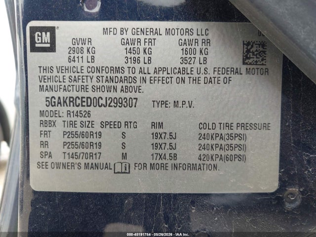 45191784 :رقم المزاد ، 5GAKRCED0CJ299307 vin ، 2012 Buick Enclave Leather مزاد بيع