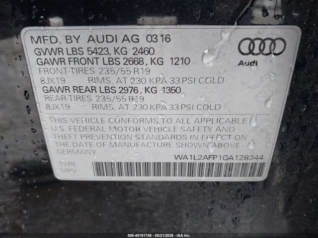 45191786 :رقم المزاد ، WA1L2AFP1GA128344 vin ، 2016 Audi Q5 2.0t Premium مزاد بيع