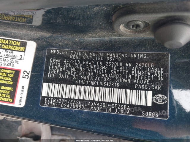 4T1B11HK1JU642816 Toyota CAMRY SE