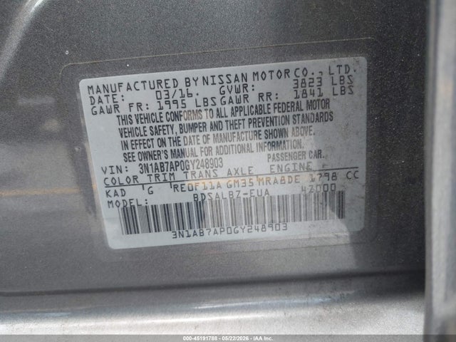 Auction sale of the 2016 Nissan Sentra Fe+ S/s/sl/sr/sv, vin: 3N1AB7AP0GY248903, lot number: 45191788