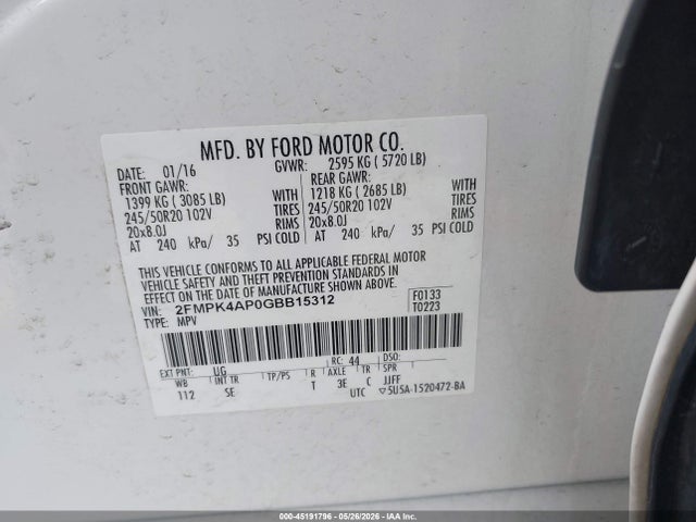 45191796 :رقم المزاد ، 2FMPK4AP0GBB15312 vin ، 2016 Ford Edge Sport مزاد بيع