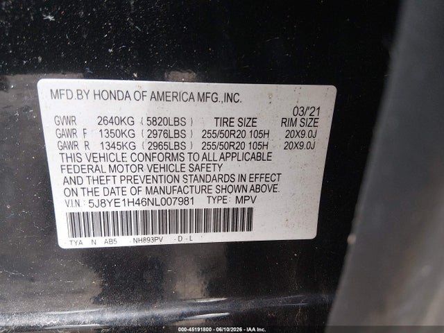 45191800 :رقم المزاد ، 5J8YE1H46NL007981 vin ، 2022 Acura Mdx Technology Package مزاد بيع