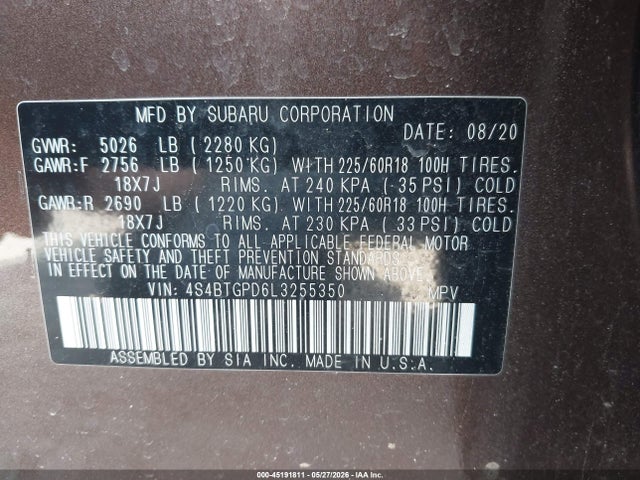 45191811 :رقم المزاد ، 4S4BTGPD6L3255350 vin ، 2020 Subaru Outback Touring Xt مزاد بيع