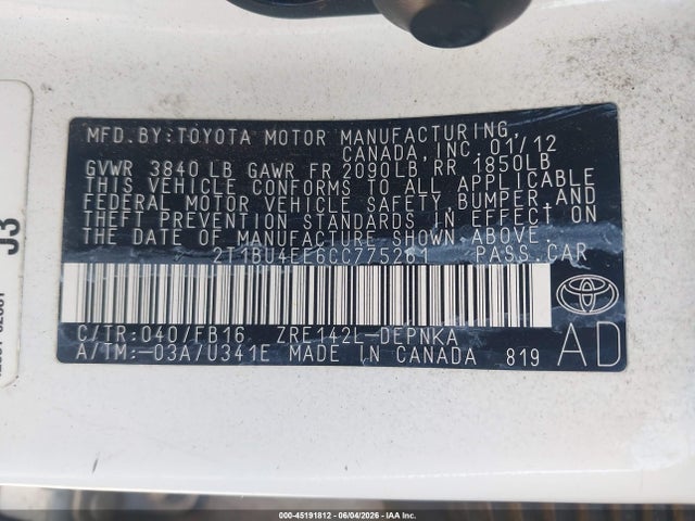 Aukcja sprzedaży 2012 Toyota Corolla Le, vin: 2T1BU4EE6CC775261, numer aukcji: 45191812