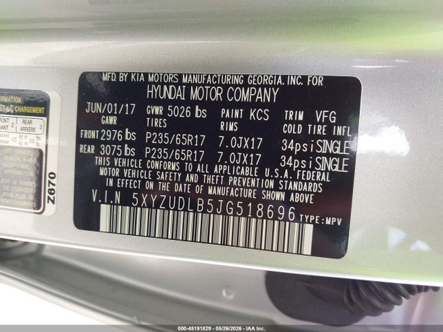 Aukcja sprzedaży 2018 Hyundai Santa Fe Sport 2.4l, vin: 5XYZUDLB5JG518696, numer aukcji: 45191829