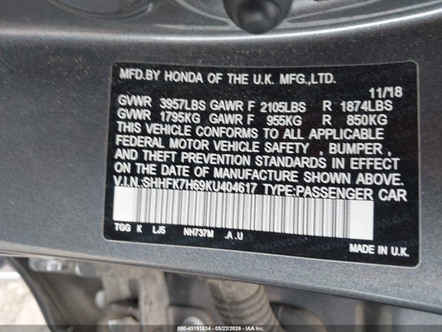 SHHFK7H69KU404617 Honda CIVIC EX