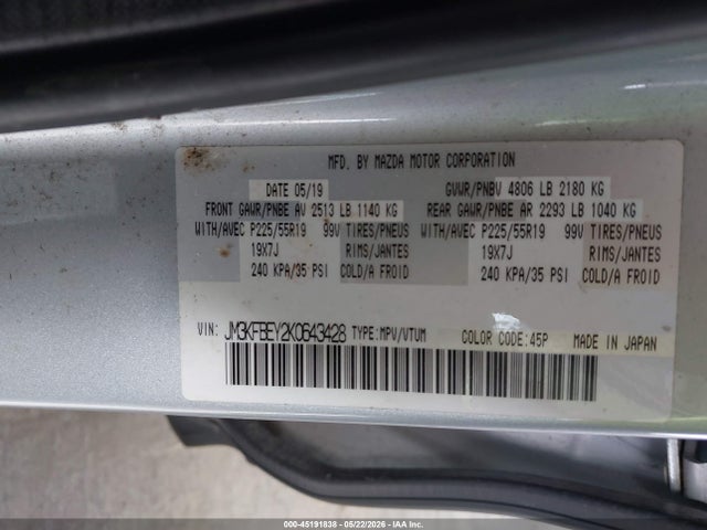 45191838 :رقم المزاد ، JM3KFBEY2K0643428 vin ، 2019 Mazda Cx-5 Signature مزاد بيع